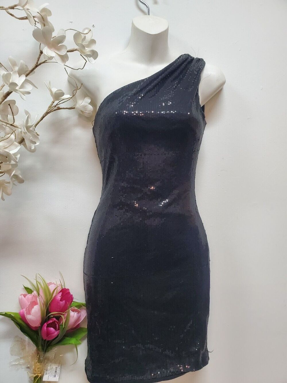 XXI Small Sequin Dress Womens Black One arm Bodycon Short Sequin Party Cocktail
